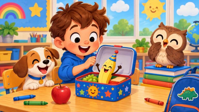 Bright cartoon classroom scene of a smiling child opening a decorated lunchbox with grapes, a sandwich, and a cheerful banana wearing a party hat, while a happy dog and owl react nearby.
