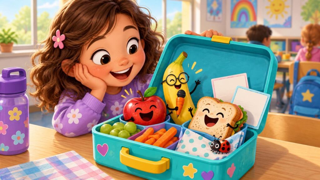 Bright cartoon-style classroom scene of a smiling child looking at an open turquoise lunchbox filled with grapes, carrot sticks, a laughing apple, a sandwich, and a banana wearing glasses and holding a microphone; a small ladybug sits at the front.