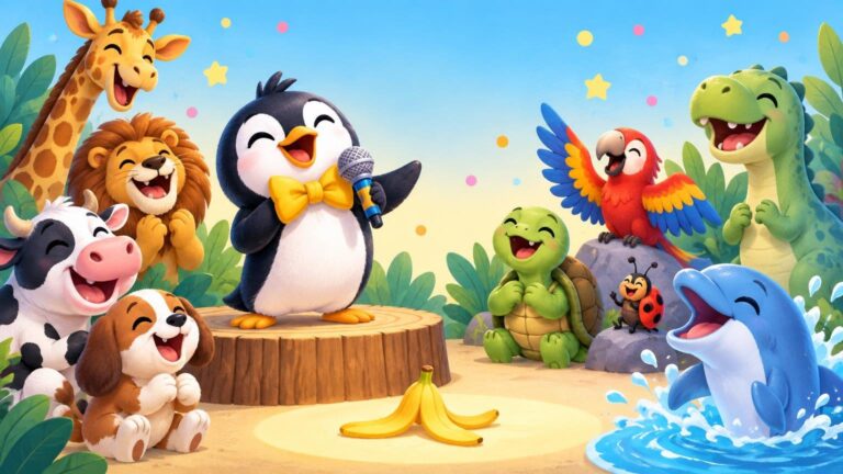 Colorful cartoon animals laugh around a penguin holding a microphone on a tree-stump stage, with a banana peel in front and a dolphin splashing nearby.