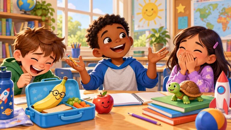 Bright horizontal classroom illustration of three laughing children at a desk with a lunchbox holding a smiling banana, a smiling apple, a small turtle, books, pencils, and a toy rocket.