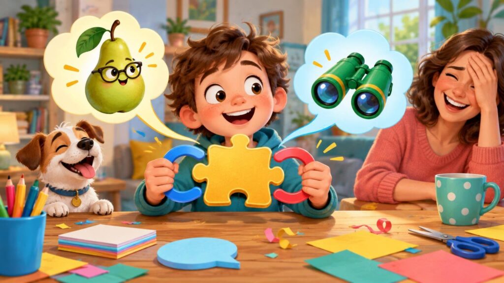 Bright illustration of a smiling child holding a yellow puzzle piece between curved blue and red pieces while a laughing dog and adult sit nearby; speech bubbles show a pear wearing glasses and green binoculars.