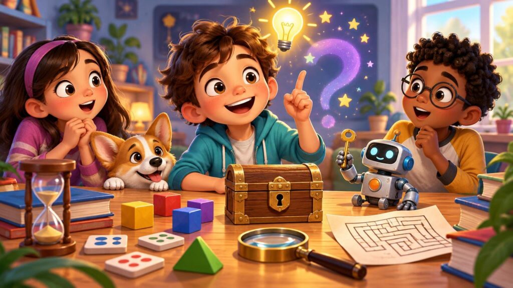 Colorful illustration of three excited children, a corgi, and a small robot gathered around a table with a locked treasure chest, puzzle blocks, books, an hourglass, a magnifying glass, and a maze sheet; a glowing lightbulb and question mark float behind them.