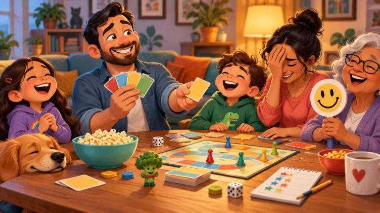 Warm illustrated family game night scene with adults and children laughing around a table covered with a colorful board game, cards, dice, playing pieces, popcorn, snacks, and a sleeping golden dog. One older woman holds a round smiley-face paddle.