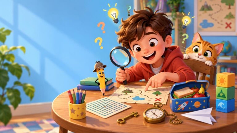 Bright cartoon-style scene of a smiling child using a magnifying glass over a treasure-map puzzle at a table, with a curious orange cat, a character pencil, question marks, lightbulbs, books, colored pencils, a lunchbox, blocks, and a pocket watch.