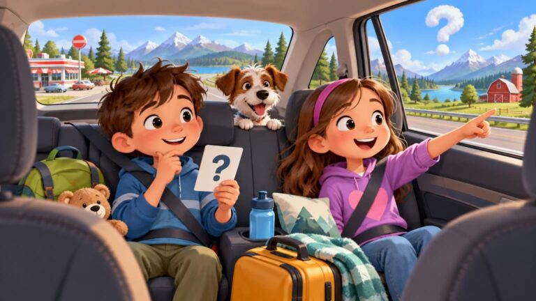 Bright illustrated scene of two children and a cheerful dog riding in the back seat of a car on a mountain road trip; one child holds a card with a large question mark while the other points toward the scenery outside.