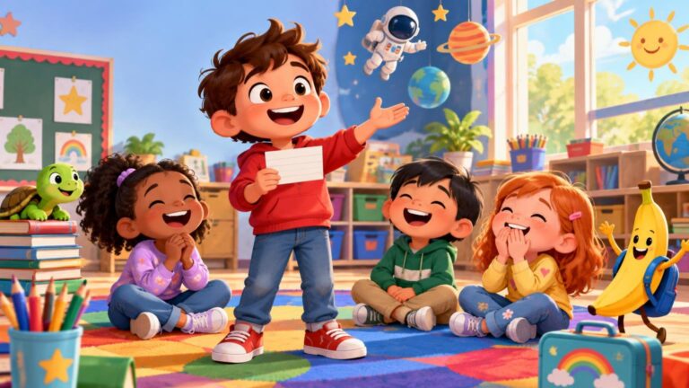 Bright cartoon classroom scene with four young children laughing as a boy holds up a blank lined card, alongside a smiling turtle and a banana character wearing a backpack.