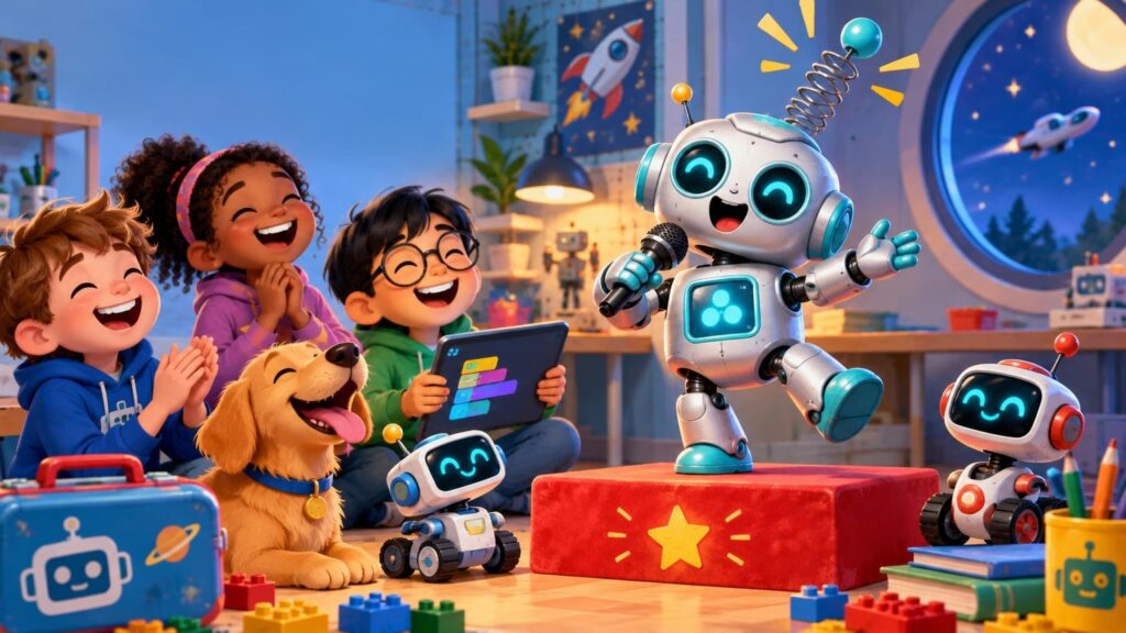 Three laughing children and a golden dog watch cheerful cartoon robots perform with a microphone in a colorful space-themed classroom, surrounded by blocks, books, and robot-decorated school supplies.