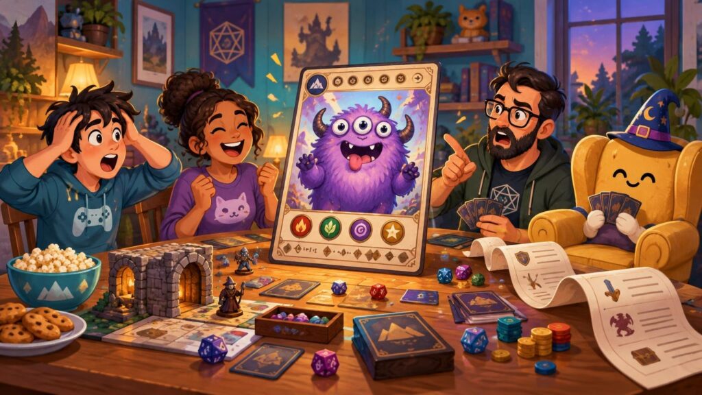 Colorful fantasy game-night illustration with three surprised and laughing players, a smiling armchair wearing a wizard hat, and an oversized monster trading card standing on a table covered with dice, cards, miniatures, snacks, and game pieces.