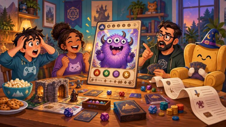 Colorful fantasy game-night illustration with three surprised and laughing players, a smiling armchair wearing a wizard hat, and an oversized monster trading card standing on a table covered with dice, cards, miniatures, snacks, and game pieces.